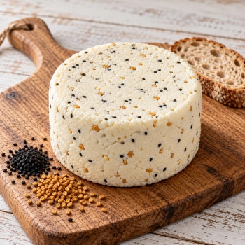Niewędzony ser z czarnuszką i kozieradką 1,5 kg na drewnianej desce z nasionami i kromką chleba.